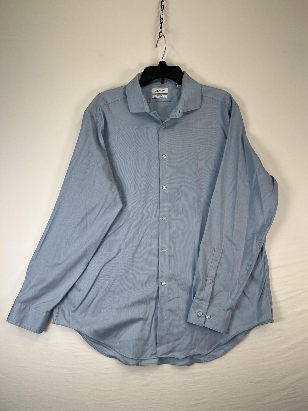 Calvin Klein Dress Shirt Mens 17.5 34/35 Blue Slim Fit Stretch Non Iron Striped